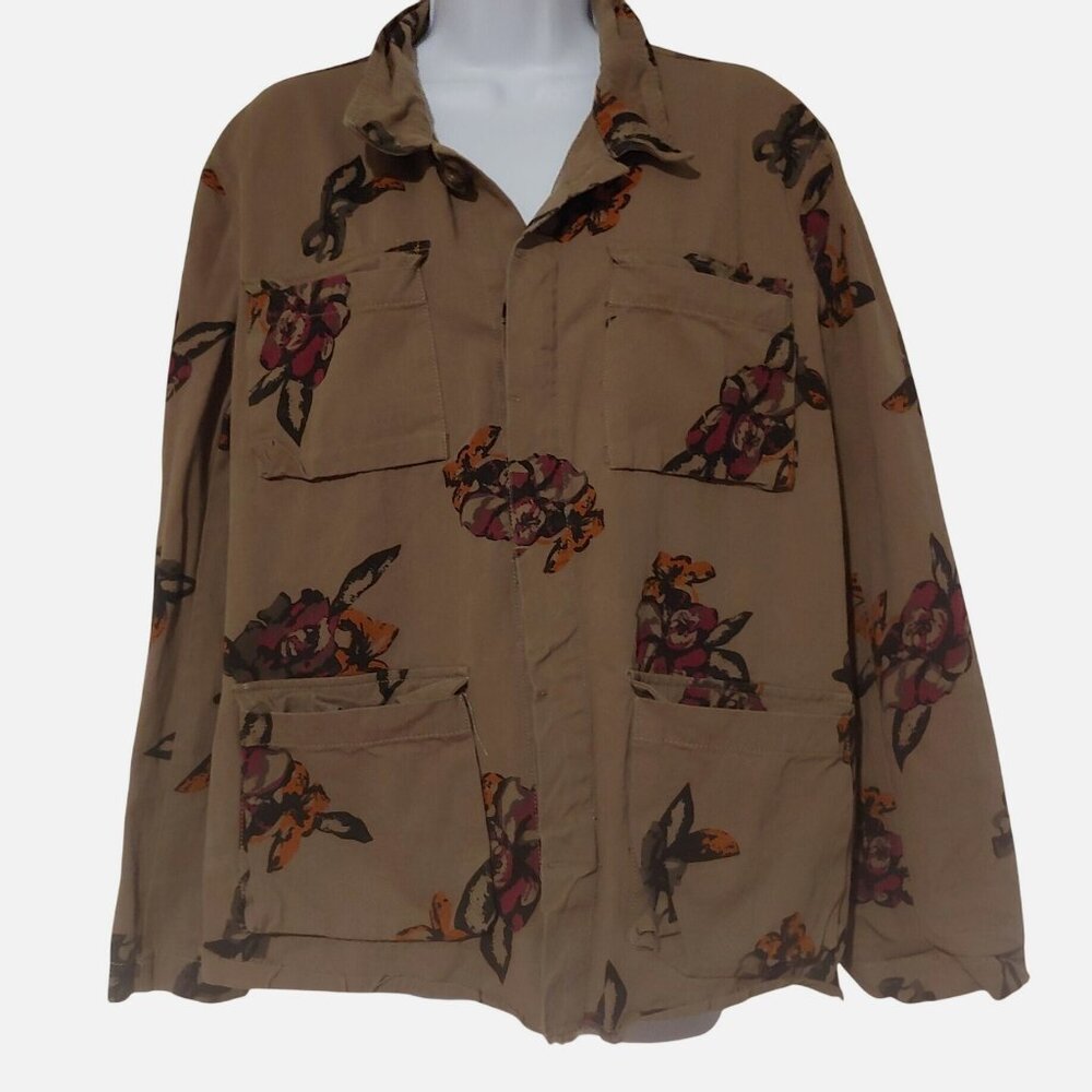 Jealous Tomato Army Green Floral Hippie Boho Long Sleeve Button Down Top L